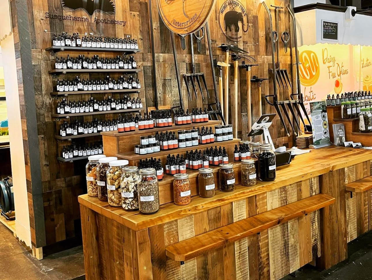 Susquehanna Sustainable Enterprises</p>
<p>Ben Weiss, with his wife Ella Usdin, introduces all three brands of Susquehanna Sustainable Enterprises to Lancaster Central Market shoppers. The natural tinctures, oils, and creams, all locally sourced and produced by Susquehanna Apothecary, will help you to feel your best. Enjoy fresh and dry herbs, and mushrooms foraged or from Urban Edge Farm and other local farmers! Work the land, or your garden box, with beautifully handcrafted tools made in Lancaster County by Rebel Garden Tools.