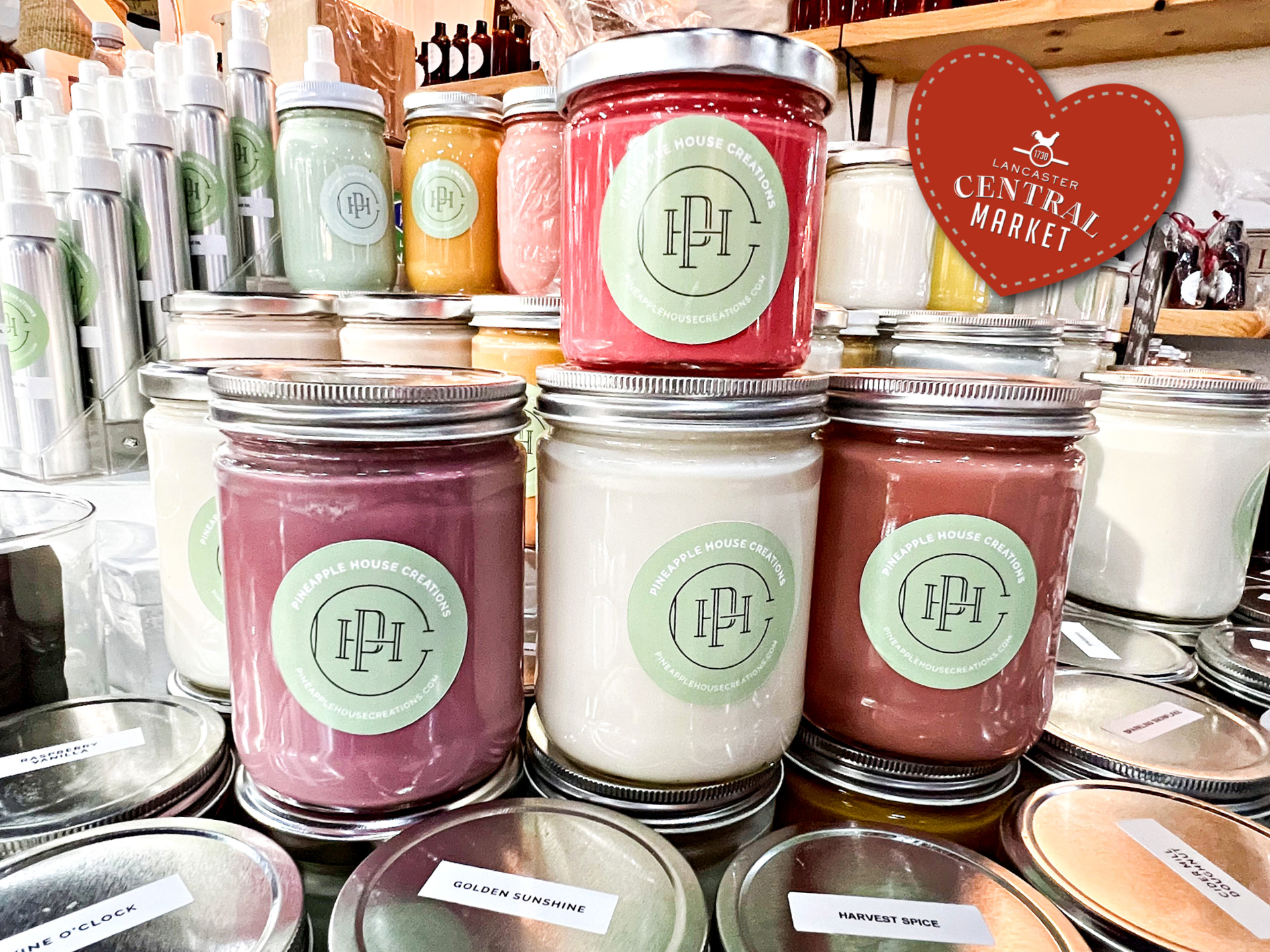 Pineapple House Creations</p>
<p>Sheryl Hazzard grew up creating unique scents with blended oils, which inspired the recipes for her hand-poured, clean-burning soy candles and natural body products. Candles were her first love, but lotions, creams, and balms came a little later to help a loved one in need of a medically induced dry skin remedy. If you find yourself running out of hands, be sure to peruse her fair trade, perfect-for-Market wicker baskets.